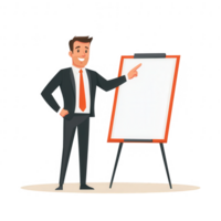 Confident businessman presenting ideas on a blank board in a professional setting. png