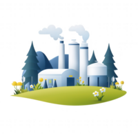 Stylized factory illustration surrounded by trees and flowers in a natural setting. png