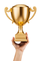 Hand Holding Up Golden Trophy Isolated on Transparent Background png
