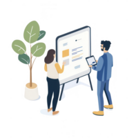 Two professionals collaborating on a project using digital devices and presentation board. png