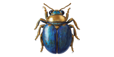 Blue and gold beetle with detailed legs and antennae isolated on transparent background png