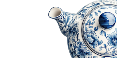 Blue and white floral teapot isolated on transparent background png