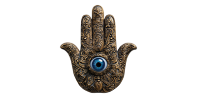 Ornate hamsa hand with blue eye design isolated on transparent background png
