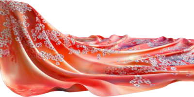 Flowing red silk fabric with white floral pattern isolated on transparent background png