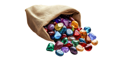 Bag of colorful gemstones spilling out isolated on transparent background png