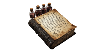 Ancient spellbook with potion vials isolated on transparent background png