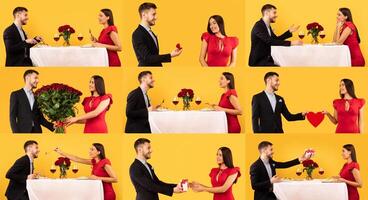 A couple showcases their affection in a lively collage, enjoying a romantic Valentine's Day dinner. The scene features red roses, heartfelt gifts, and joyful smiles, creating a memorable atmosphere. photo