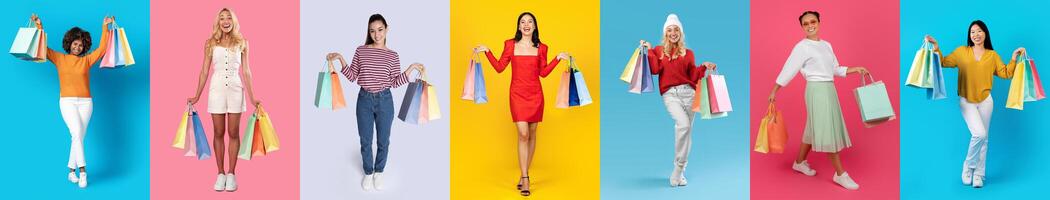 Groups of happy shoppers showcase colorful bags filled with great bargains on a vibrant background. They enjoy the thrill of finding discounts and participating in a festive shopping spree. photo