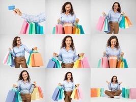 Joyful individuals express excitement while shopping during Black Friday sales, showcasing their colorful bags filled with great discounts and offers. Each participant enjoys the thrill of saving. photo