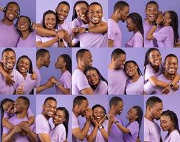 A young African American couple shares joyful and affectionate moments, showcasing their love and connection. Each expression highlights their bond on a special day filled with romance. photo