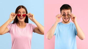 Wow. Portrait of man and woman posing at studio, taking off sunglasses, looking at camera in amazement and with surprised facial expression isolated on blue and yellow background. Unbelievable Sale photo