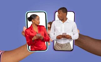 A couple engages in a lively conversation using smartphones. Both are dressed well and show expressions of affection and surprise, highlighting their connection through technology during modern life. photo