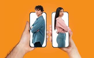 A couple in love uses their smartphones to maintain communication. Each partner is seen on a separate phone screen, showcasing their situation and emotional connection while apart. photo