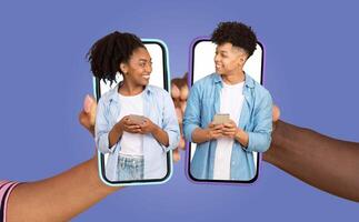 A happy couple shares moments of connection through their smartphones. Their expressions reflect love and affection as they engage in a virtual chat. They are together in a relaxed atmosphere. photo