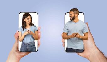 A couple engages in a loving conversation through smartphones, showcasing their affection while using technology to maintain their relationship from a distance. photo