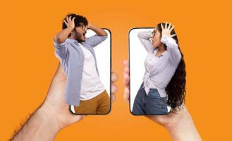 A married couple appears surprised while communicating through their smartphones. Each person displays a dramatic expression, highlighting their connection despite the digital barrier. photo