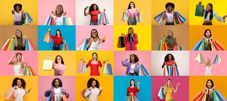Diverse group of people enthusiastically displaying shopping bags while celebrating sales during a Black Friday event. They showcase a variety of colors and patterns amidst vibrant backgrounds. photo
