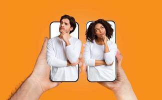 A couple shares moments of affection by chatting online using their smartphones. They showcase love and connection while engaging with technology. photo