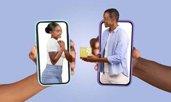 A couple celebrates their affection by connecting through smartphones. With smiles on their faces, they enjoy virtual chatting while sharing gifts, highlighting modern love and communication. photo