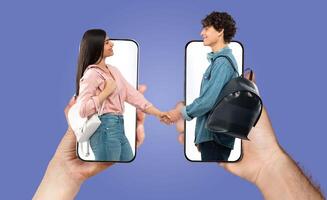 A couple shares a moment of affection while using their smartphones to communicate. They are in a cozy indoor setting, showcasing love and togetherness in the digital age. photo