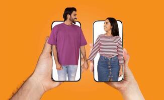 A couple engages in a loving interaction by holding hands while using their smartphones. This collage highlights their digital connection in a vibrant setting. photo
