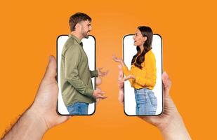 A couple engages in a lively conversation using their smartphones, showcasing modern communication and connection. photo