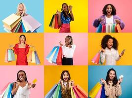 People are joyfully participating in black Friday shopping, showcasing colorful bags filled with bargains. This isolated collage captures the excitement and deals available during the festive sales. photo