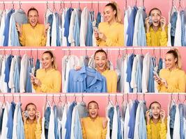 A cheerful individual experiences enthusiasm while shopping for clothes during a black Friday sale. photo
