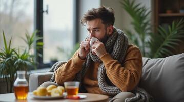 A man wrapped in a thick scarf sits on a couch, blowing his nose into a tissue. A table with tea and lemon sits in the foreground, with houseplants in the background. Concept of cold and flu recovery. photo