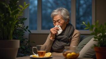 Elderly woman in warm clothing, blowing her nose in a cozy room with plants, tea, and lemon slices, evoking a concept of recovery. Concept of cold and flu season. photo