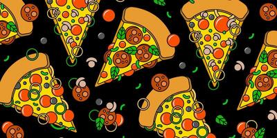 Pizza backdrop. Cartoon slice of pizza pattern on black background. vector