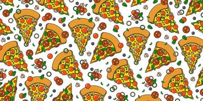 Pizza backdrop. Cartoon slice of pizza pattern on white background. Pizza with sausage, mushrooms, tomatoes and cheese. vector