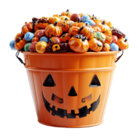 Orange Halloween Pail Filled with Colorful Candies in the Shape of a Pumpkin with a Smiling Face png