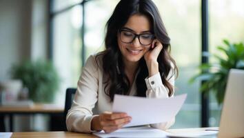 Focused businesswoman reviewing documents at her desk in an open office. photo