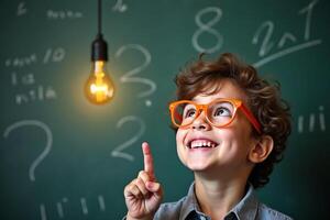 A young boy wearing glasses and holding up a light bulb photo