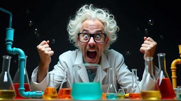 Energetic scientist celebrating a successful experiment with colorful liquids in a modern laboratory. photo
