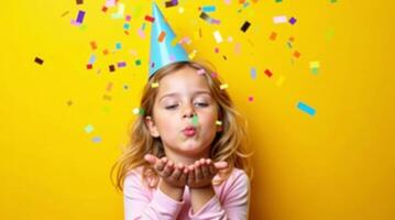 Excited little girl celebrating a joyful occasion with confetti and a party hat on a yellow background. photo