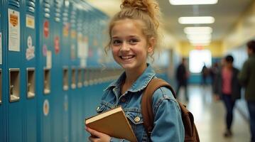 Smiling young girl holding books in a vibrant school hallway filled with lockers. photo
