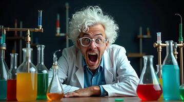 Excited scientist experimenting with colorful chemical solutions in a modern laboratory. photo