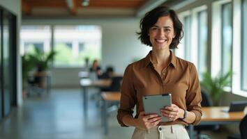 Confident businesswoman holding a tablet in a bright, spacious office. photo