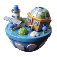 Whimsical 3D Render Tiny Planet with Observatory, Lighthouse, and Satellite png