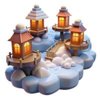 Enchanted Winter Village 3D Render of Cozy Illuminated Houses on Snowy Island png