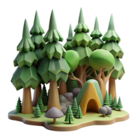 Camping in a Low-Poly Forest 3D Render of Tent and Trees png