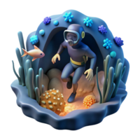 Undersea Diver Exploring Ocean Cave 3D Render png