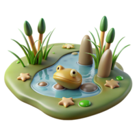 Cartoon Frog in Pond 3D Render of Amphibian Habitat png