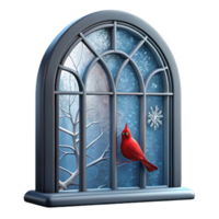 Winter Window Scene Cardinal, Snowflakes, and Frosty Trees png