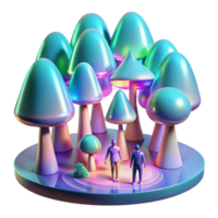Enchanted Mushroom Grove 3D Render of Iridescent Fungi and Miniature Figures png