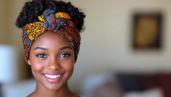 Brightly lit interior features a girl smiling joyfully, showcasing her colorful headwrap photo