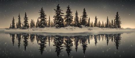 Snow falls gently on a serene winter landscape with tall trees reflecting on the water photo