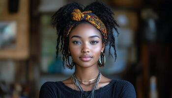 Beautiful young woman poses confidently in a warm, inviting environment with natural light photo
